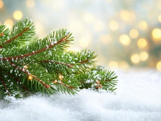 Festive evergreen branch on snowy ground with blurred bokeh lights creating a magical holiday ambiance