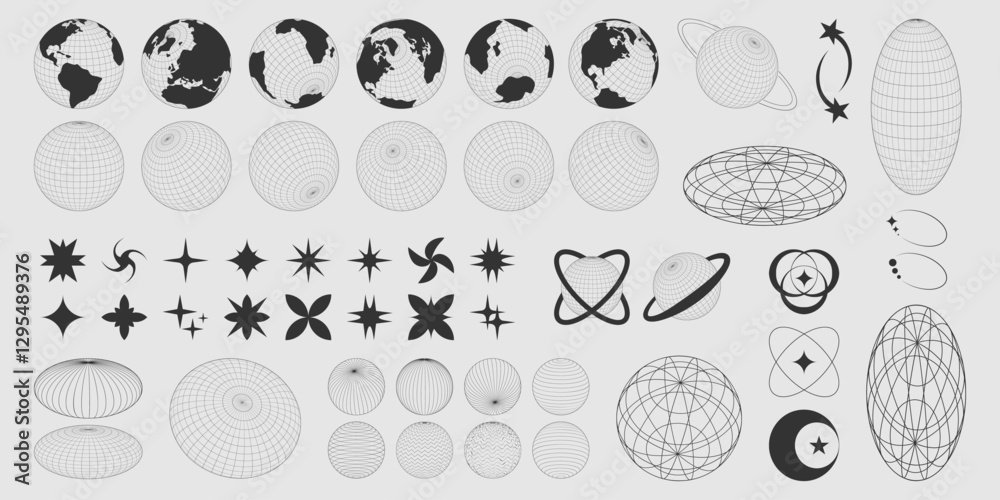 Wall mural y2k globe shapes and geometric elements set. collection of various 90s style wireframe planet icons,