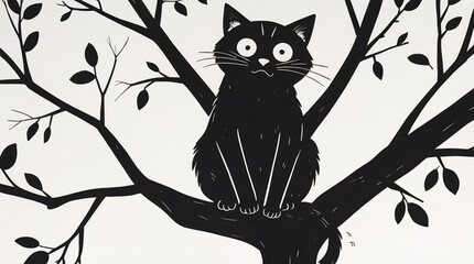 Fototapeta premium Spooky Illustration of Cat on a Tree Branch in Black Ink for Kids Book Cover with Dark Fantasy and Mysterious Vibe Kids and Children Book Cover Design Idea