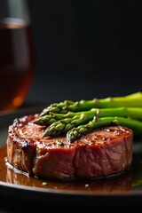 Juicy medium-rare tomahawk steak, grilled asparagus , tender, delicious food, closeup