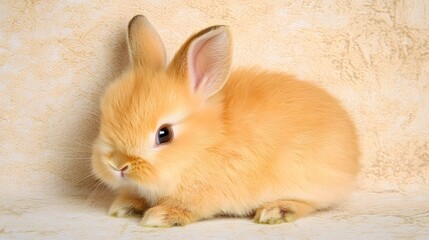 Obraz premium Cute Young Orange Rabbit With Fluffy Fur Relaxing on Light Textured Background