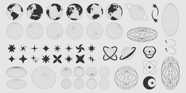 Y2k globe shapes and geometric elements set. Collection of various 90s style wireframe planet icons, stars and rings, abstract forms. Vector pack for sci-fi designs and retro graphic backgrounds.
