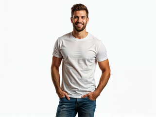 Fototapeta premium Happy man in a white t-shirt against a white background