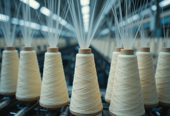 Yarn spools at textile mill, Fabric production line in operation