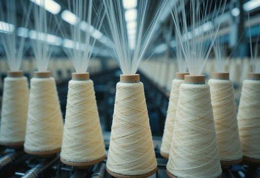 Yarn spools at textile mill, Fabric production line in operation