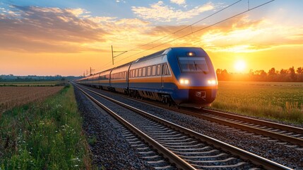 Fototapeta premium Scenic railways concept. A train travels along tracks at sunset, surrounded by fields, capturing the essence of travel and scenic beauty.