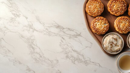 Fototapeta premium Freshly Baked Sweet Treats on Marble Surface with Tea and Ice Cream Ready for Enjoyment in Delightful Afternoon Setting