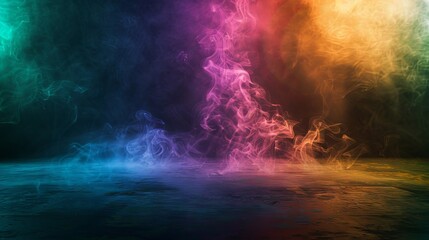 Vibrant swirl of multicolored smoke hovering over a dark floor with misty fog, isolated on a black background for dramatic text overlays or design space.