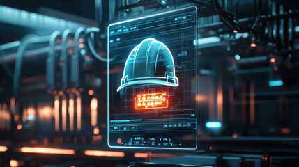 A futuristic warning screen flashing a glowing digital hardhat icon, symbolizing workplace safety in a high-tech environment
