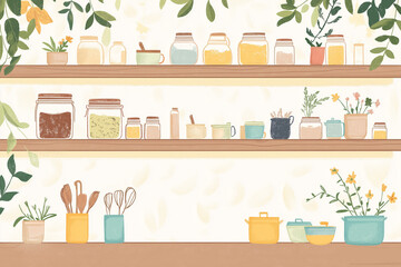 Warm and inviting illustration of a neatly organized kitchen with wooden shelves, glass jars, cookware, and plants, creating a cozy and rustic atmosphere