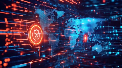 A futuristic world map with glowing cybersecurity grids, highlighting the importance of global data encryption
