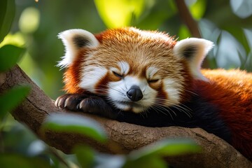 Fototapeta premium Red panda sleeping peacefully on a tree branch