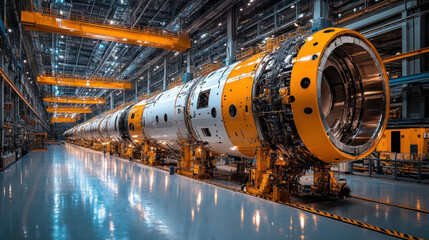 Futuristic aerospace factory in India, robotic welding systems assembling rocket fuselages, cutting-edge aviation research at its peak