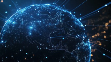 A glowing 3D globe with bright blue and white lines representing data flow, digital connections lighting up around the world.