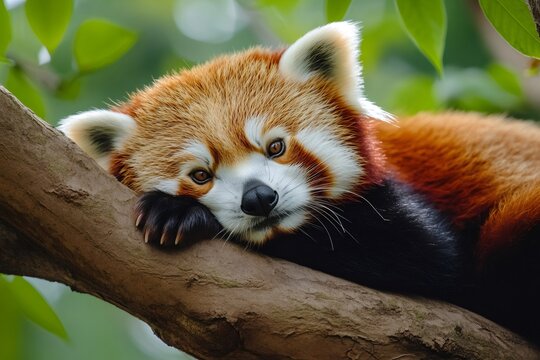 Red panda resting on a tree branch looking adorable