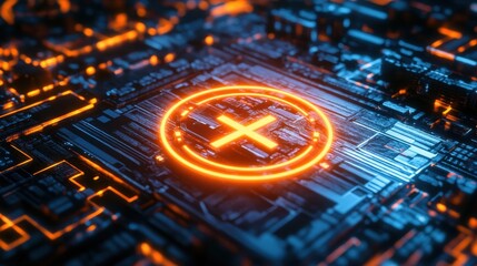 A glowing crosshair icon centered on a futuristic computer screen, symbolizing precision digital targeting in a high-tech environment