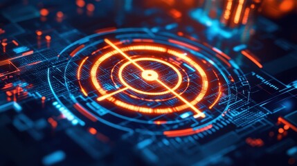 A glowing crosshair icon centered on a futuristic computer screen, symbolizing precision digital targeting in a high-tech environment