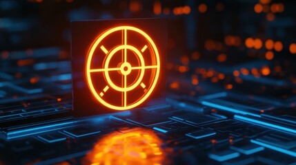 A glowing crosshair icon centered on a futuristic computer screen, symbolizing precision digital targeting in a high-tech environment