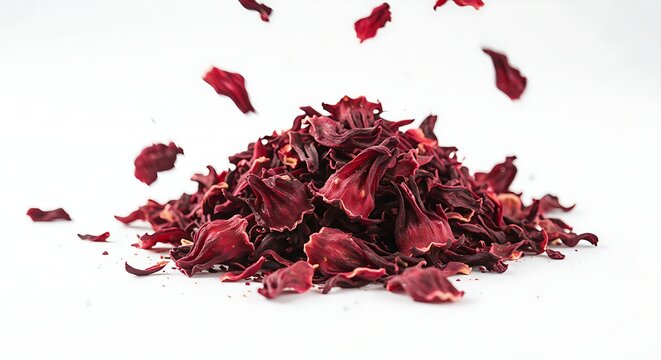 A pile of dried hibiscus petals with a deep red hue on a plain white surface