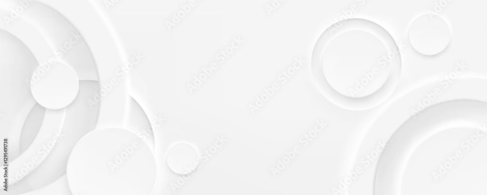Wall mural white abstract neumorphism background with overlapping paper cut circles and curved shapes. subtle s