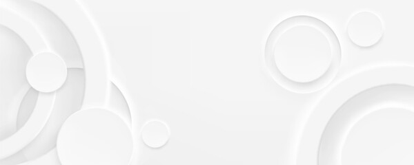 White abstract neumorphism background with overlapping paper cut circles and curved shapes. Subtle shadows and highlights of embossed 3D effect - elegant modern backdrop or banner template design.