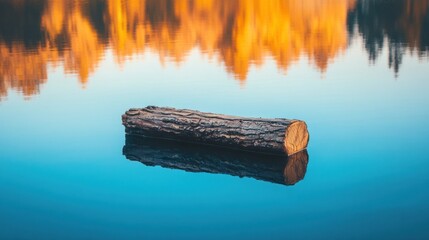 Single log floats on calm reflective water surface