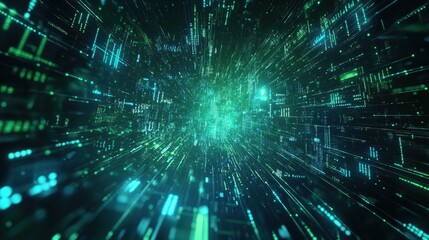 A glowing digital stock market graph with binary code overlay, blue and green neon financial data, futuristic fintech background