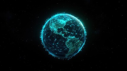 Obraz premium A glowing Earth floating in space, blue and green continents connected by digital network lines