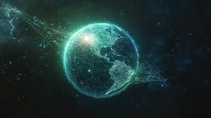 A glowing Earth floating in space, blue and green continents connected by digital network lines