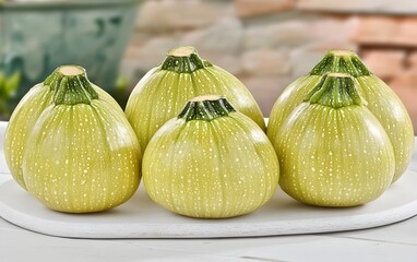 Obraz premium Five Fresh Round Green Zucchini on White Wooden Board