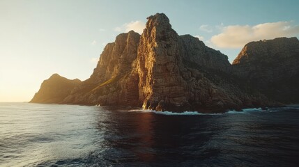 Naklejka premium Coastal mountain range meeting the ocean bathed in sunlight