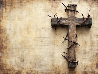A wooden cross is wrapped in barbed wire and nailed