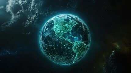 A glowing Earth floating in space, blue and green continents connected by digital network lines