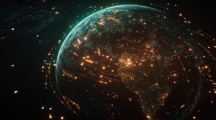 A glowing Earth with vibrant lines connecting continents, symbolizing global data flow and analytics.