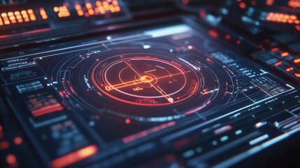 A high-tech crosshair interface on a futuristic computer screen, surrounded by data streams and analytics graphics