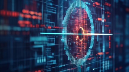 A high-tech crosshair interface on a futuristic computer screen, surrounded by data streams and analytics graphics