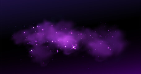Sparkly purple smoke cloud or fog on dark background. Magical mist with glowing particles and stars. Fantasy nebula texture. Mysterious hazy effect for mystical designs or fairy tale illustrations. © klyaksun