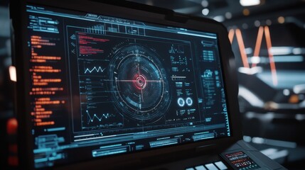A high-tech crosshair interface on a futuristic computer screen, surrounded by data streams and analytics graphics