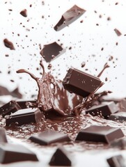 Decadent dark chocolate pieces collide in a luscious splash against a pristine white backdrop creating a tempting visual