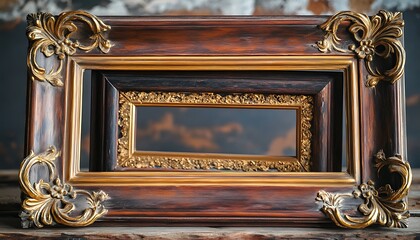 Aged wooden picture frame with ornate gold embellishments isolated