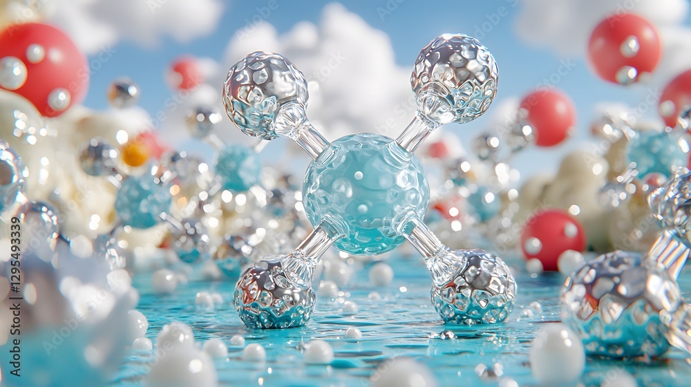 Wall mural abstract molecular structure in a shimmering blue environment with floating spheres and clouds