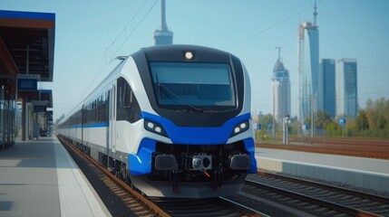 Naklejka premium Modern train approaching station with urban skyline and clear blue sky in the background