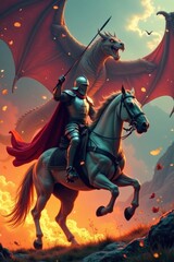 Naklejka premium Knight in armor riding horse charging towards dragon with flames in background , armor, heroic, rider