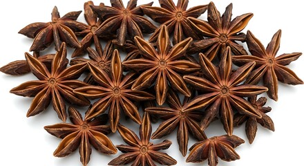 A collection of dried star anise with deep brown tones on a white backdrop