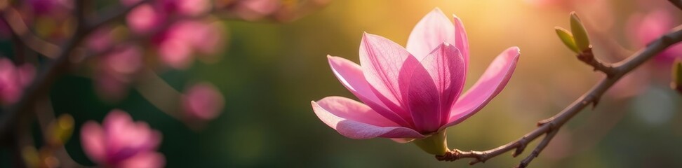 Pink magnolia flower in a garden with sunlight filtering through, tree blossoms, shadow, light