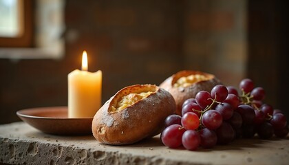 Peaceful indoor shot of bread and grapes next to a lit candle on a stone altar for Palm Sunday