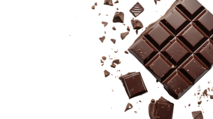 Delicious dark chocolate bar breaking apart on transparent background