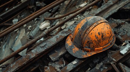 A scratched and dented hardhat resting on rusted metal bars and scattered debris, a sign of intense labor at a demolition site