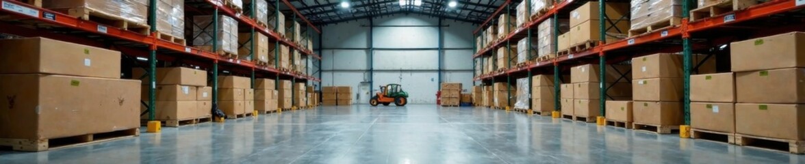 Naklejka premium Large Warehouse with Stacked Boxes and Shipping Containers, supplies, pallets, warehouse