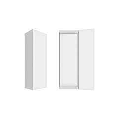 Tall blank cardboard box package 3d vector mockup for bottle packaging isometric and front view, isolated on a white background, open and closed views for branding, product presentation.